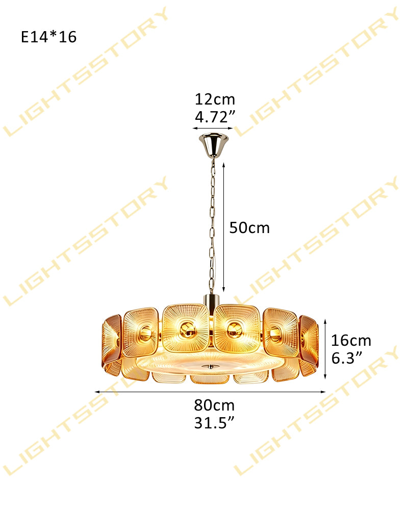 Ghiaccio Amber Glass Tinted Disc Halo Drum Chandelier - Artisanal Glass, Lux Gold Trim - Living Rooms, Bedrooms, Dining Rooms