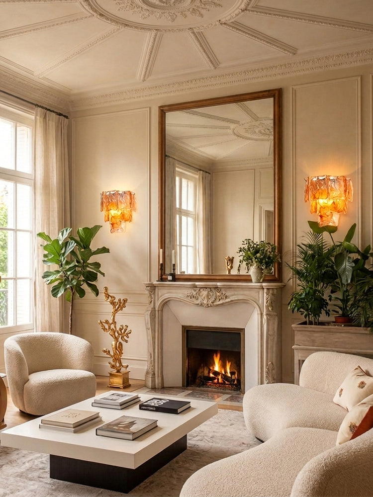 Murano Glass Amber Tiered Ghiaccio Wall Light Sconce - Flush Mount, Lux Brass Trim - Dining Rooms & Living Rooms