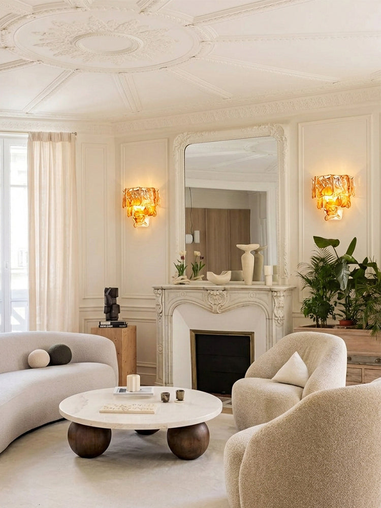 Murano Glass Amber Tiered Ghiaccio Wall Light Sconce - Flush Mount, Lux Brass Trim - Dining Rooms & Living Rooms