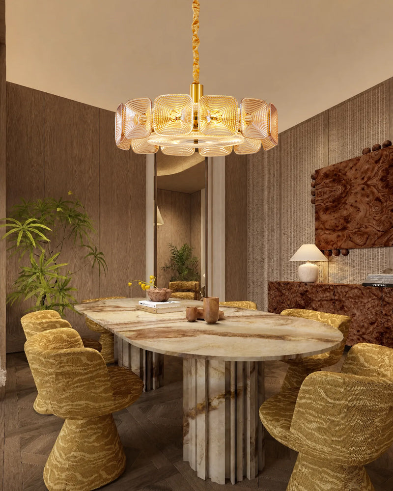 Ghiaccio Amber Glass Tinted Disc Halo Drum Chandelier - Artisanal Glass, Lux Gold Trim - Living Rooms, Bedrooms, Dining Rooms