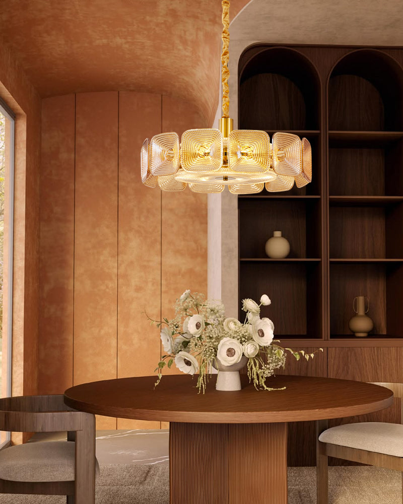 Ghiaccio Amber Glass Tinted Disc Halo Drum Chandelier - Artisanal Glass, Lux Gold Trim - Living Rooms, Bedrooms, Dining Rooms