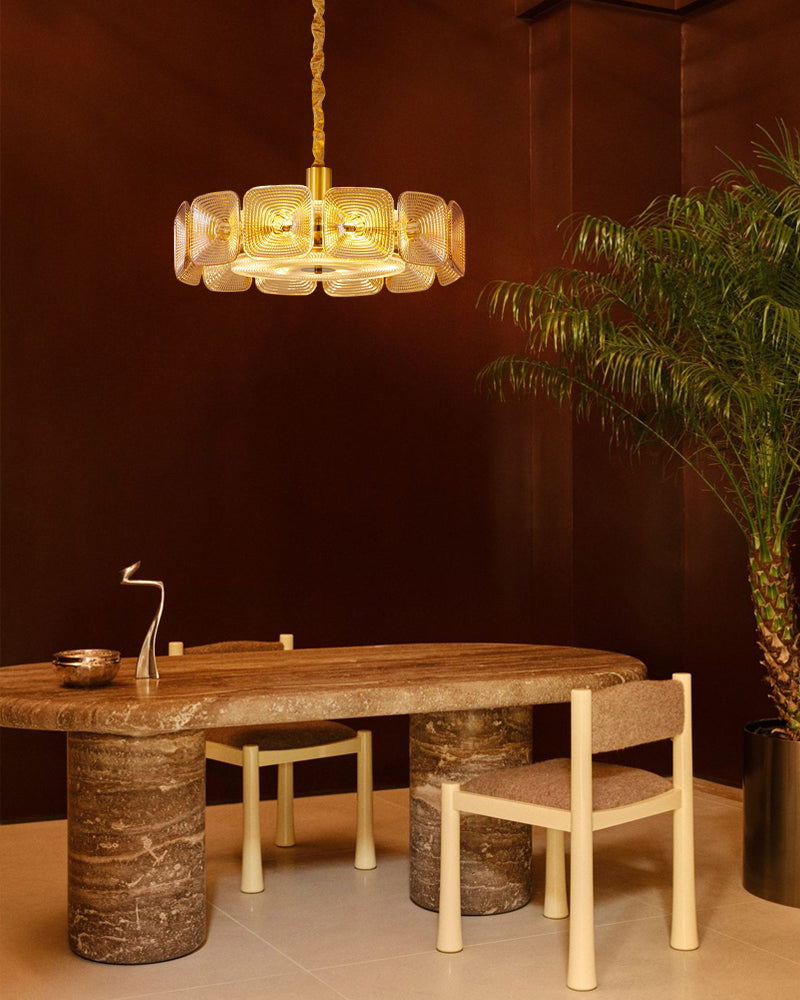 Ghiaccio Amber Glass Tinted Disc Halo Drum Chandelier - Artisanal Glass, Lux Gold Trim - Living Rooms, Bedrooms, Dining Rooms