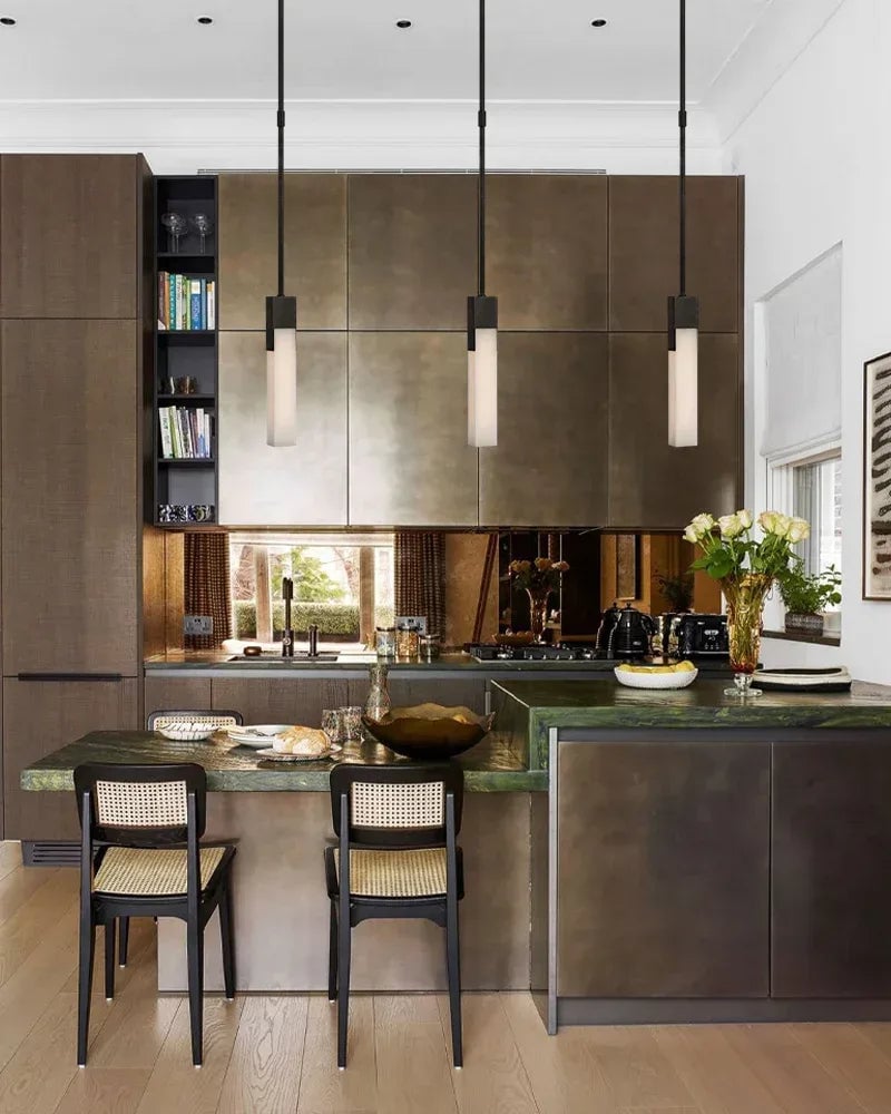 Annecy Series Ethereal Chandelier | Linear Carved Natural Alabaster with Iron Accents, Antique Black finish for Dining Rooms and Kitchen Islands American chandelier