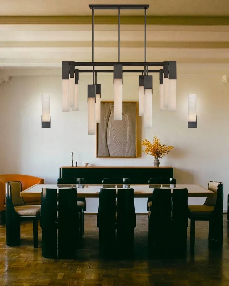 Annecy Series Geometric Chandelier | Square Carved premium vein-rich natural alabaster, Antique Burnished Brass, Black, and Silver for Modern Dining Rooms and Living Spaces American chandelier