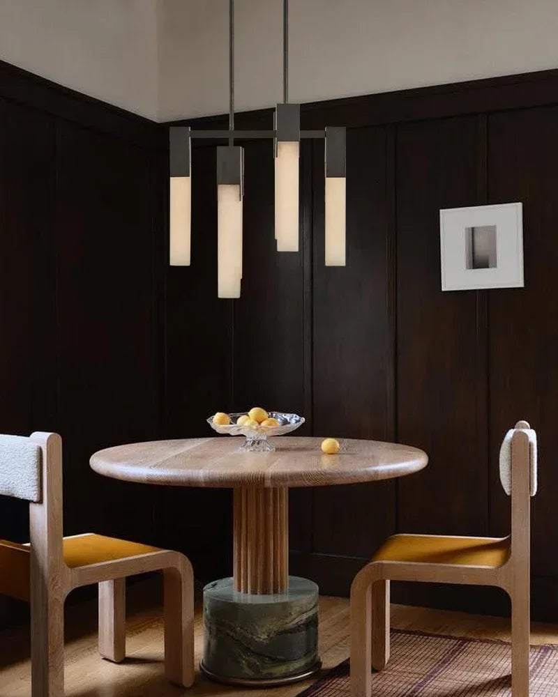 Annecy Series Geometric Chandelier | Square Carved premium vein-rich natural alabaster, Antique Burnished Brass, Black, and Silver for Modern Dining Rooms and Living Spaces American chandelier