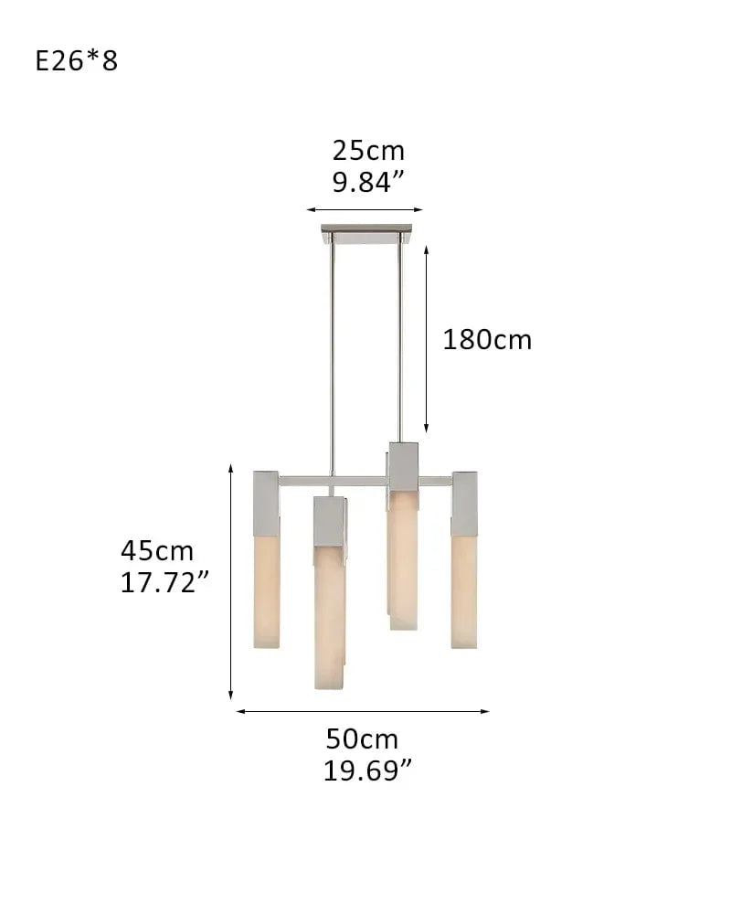Annecy Series Geometric Chandelier | Square Carved premium vein-rich natural alabaster, Antique Burnished Brass, Black, and Silver for Modern Dining Rooms and Living Spaces 8-light-D50*H45CM D19.69"*H17.72" Silver American chandelier