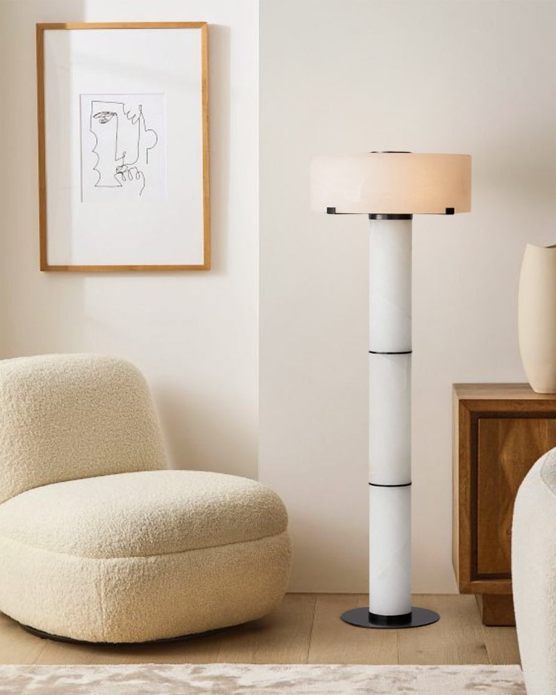 Ascot Series Prismatic Floor Lamp | Monolithic Alabaster Column Carved Natural Alabaster and Polished Nickel Steel, Polished Nickel finish for Grand entryways, dining rooms, and contemporary living spaces Modern Art Design Floor Lamp