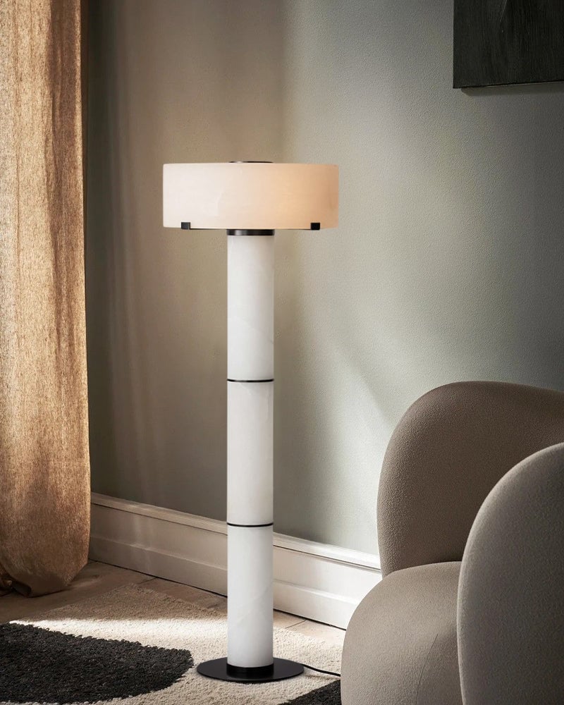 Ascot Series Prismatic Floor Lamp | Monolithic Alabaster Column Carved Natural Alabaster and Polished Nickel Steel, Polished Nickel finish for Grand entryways, dining rooms, and contemporary living spaces Modern Art Design Floor Lamp