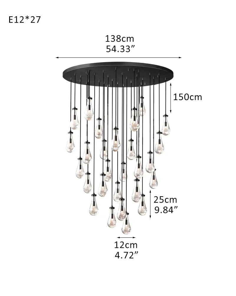 Aveline Series Cascading Chandelier | Linear Floating Raindrop Exquisite Blown Glass and Metal, Premium Metal for Dining Rooms and Kitchen Islands 27-light-D12*H25CM D4.7"*H9.8" Black American chandelier