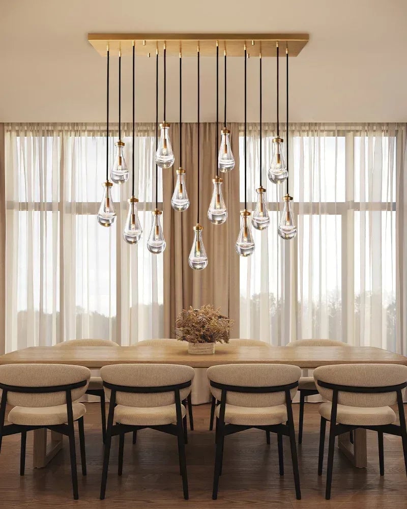 Aveline Series Cascading Cluster Pendant Chandelier | Rainfall Cluster Hand-Blown Glass Raindrops, Vintage Brass for Dining Rooms and Grand Foyers American chandelier