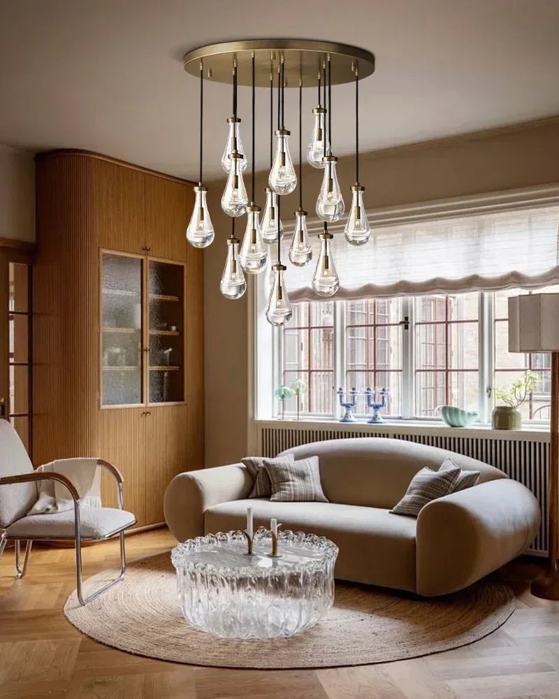 Aveline Series Cascading Cluster Pendant Chandelier | Rainfall Cluster Hand-Blown Glass Raindrops, Vintage Brass for Dining Rooms and Grand Foyers American chandelier