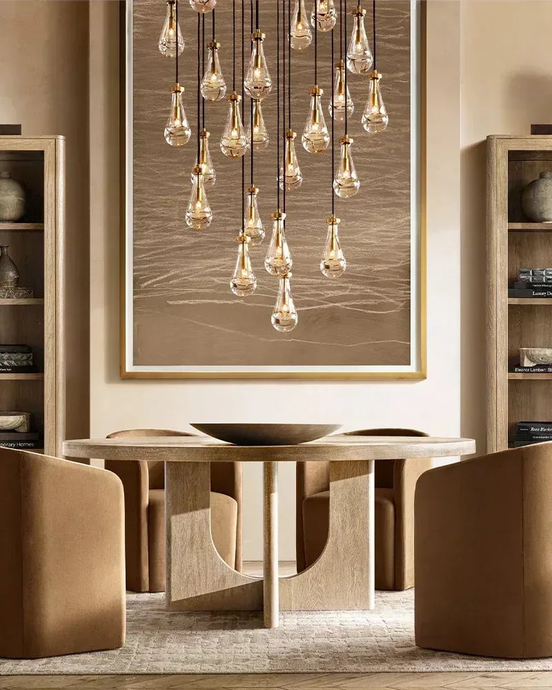 Aveline Series Cascading Cluster Pendant Chandelier | Rainfall Cluster Hand-Blown Glass Raindrops, Vintage Brass for Dining Rooms and Grand Foyers American chandelier