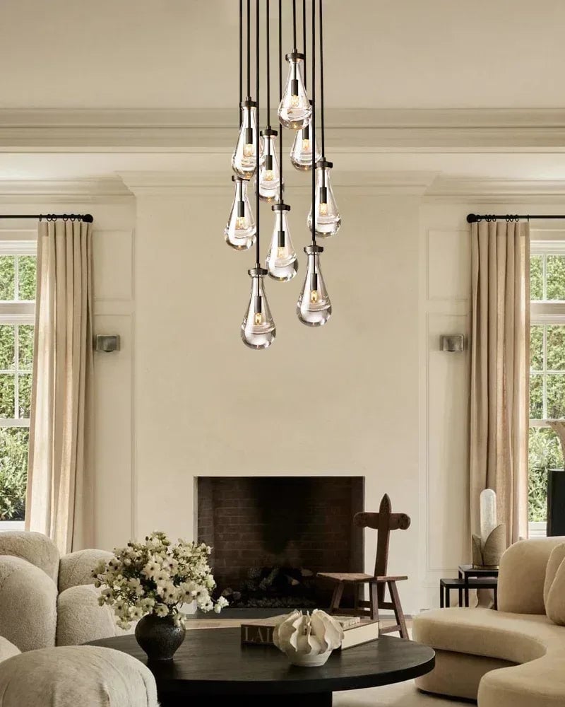 Aveline Series Cascading Cluster Pendant Chandelier | Rainfall Cluster Hand-Blown Glass Raindrops, Vintage Brass for Dining Rooms and Grand Foyers American chandelier