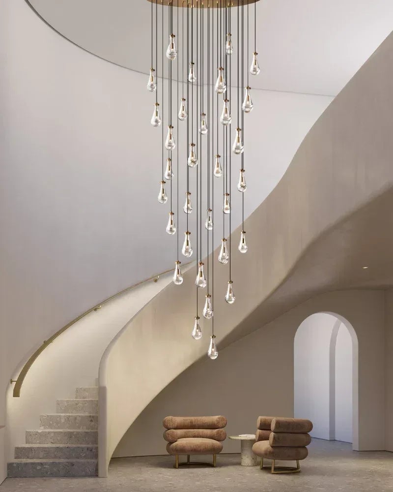 Aveline Series Cascading Cluster Pendant Chandelier | Rainfall Cluster Hand-Blown Glass Raindrops, Vintage Brass for Dining Rooms and Grand Foyers American chandelier
