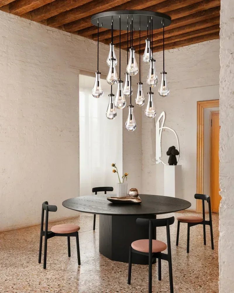 Aveline Series Cascading Cluster Pendant Chandelier | Rainfall Cluster Hand-Blown Glass Raindrops, Vintage Brass for Dining Rooms and Grand Foyers American chandelier