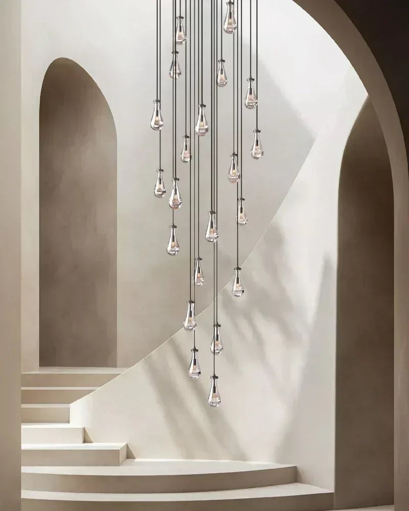Aveline Series Cascading Cluster Pendant Chandelier | Rainfall Cluster Hand-Blown Glass Raindrops, Vintage Brass for Dining Rooms and Grand Foyers American chandelier