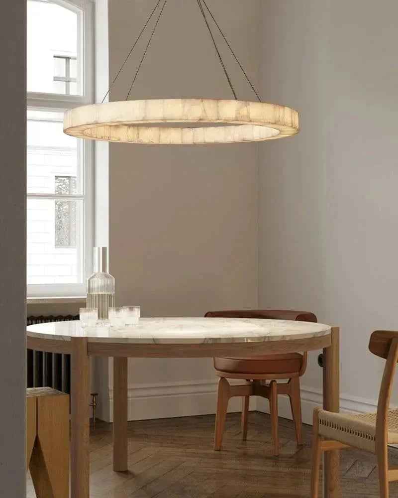 Belleval Series Architectural Chandelier | Modular Tiered Solid Spanish white marble rings, Natural Stone finish for Modern Dining Rooms and Grand Foyers American chandelier
