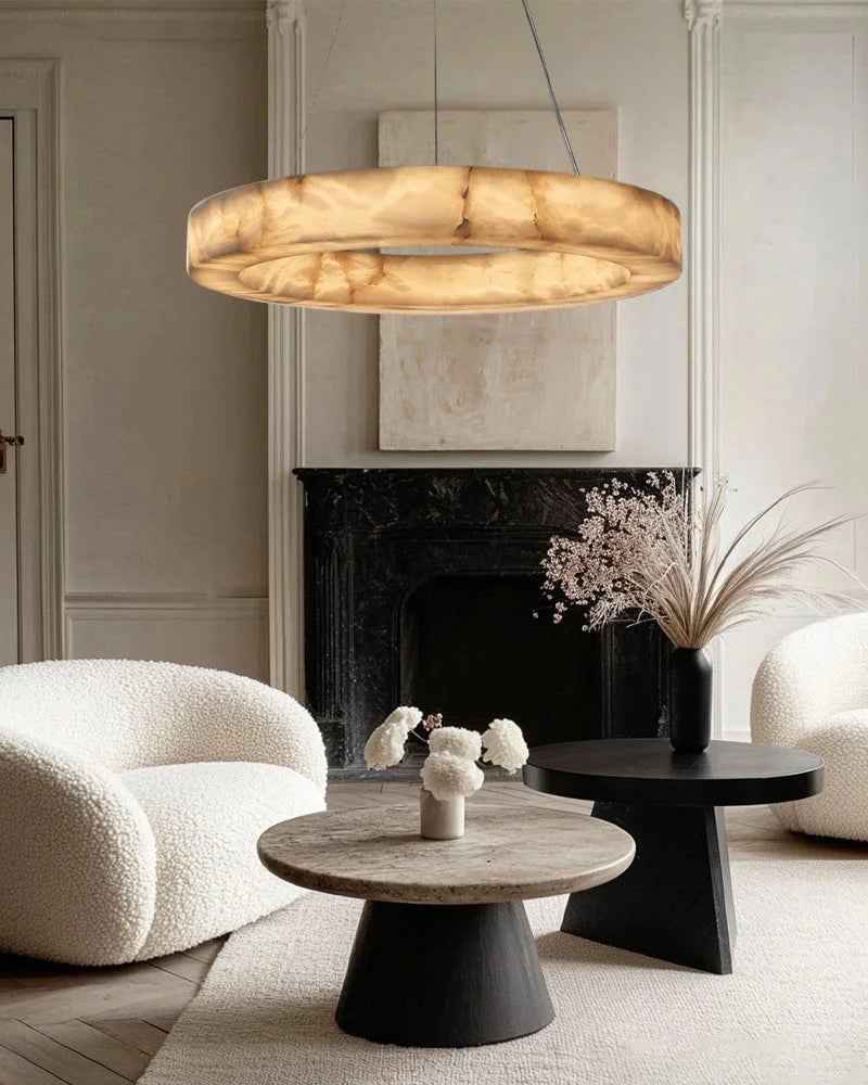 Belleval Series Architectural Chandelier | Modular Tiered Solid Spanish white marble rings, Natural Stone finish for Modern Dining Rooms and Grand Foyers American chandelier