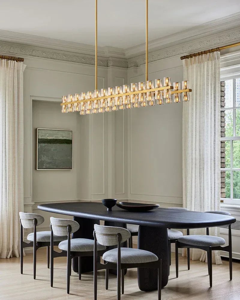 Biarritz Series Geometric Chandelier | Rectangular Wagon Wheel Superior K9 crystal shades and robust solid copper frame, Lacquered Brass and Black finish for Living rooms, dining areas, hotels, and banquet halls American chandelier