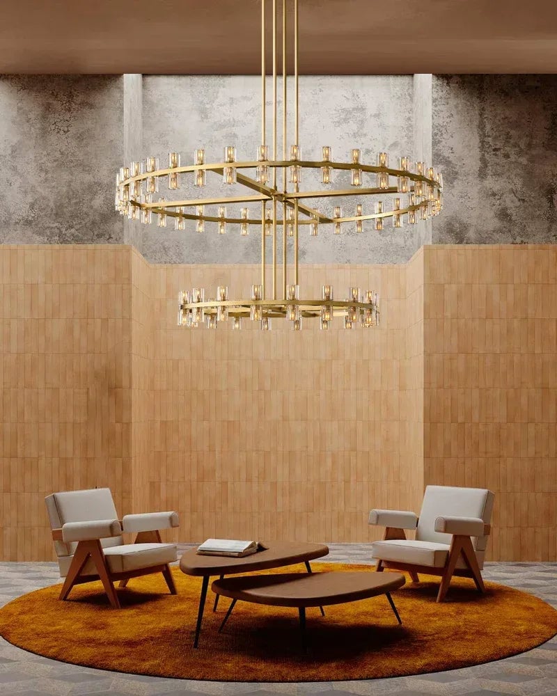 Biarritz Series Geometric Chandelier | Rectangular Wagon Wheel Superior K9 crystal shades and robust solid copper frame, Lacquered Brass and Black finish for Living rooms, dining areas, hotels, and banquet halls American chandelier