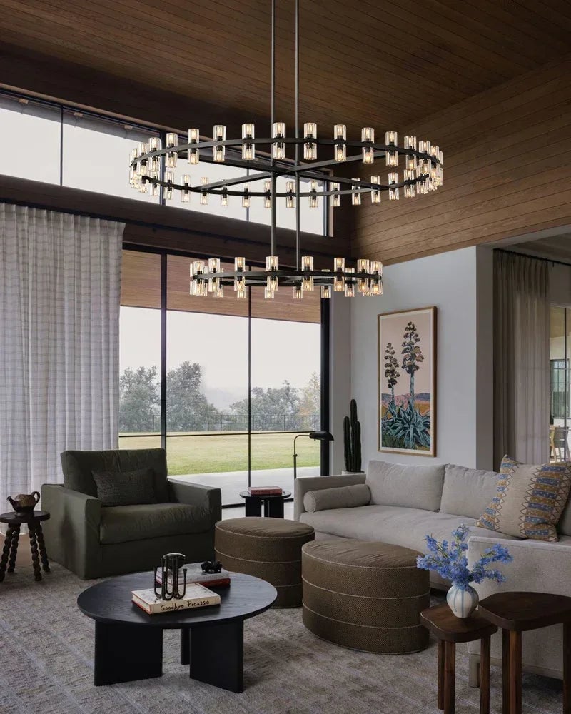 Biarritz Series Geometric Chandelier | Rectangular Wagon Wheel Superior K9 crystal shades and robust solid copper frame, Lacquered Brass and Black finish for Living rooms, dining areas, hotels, and banquet halls American chandelier