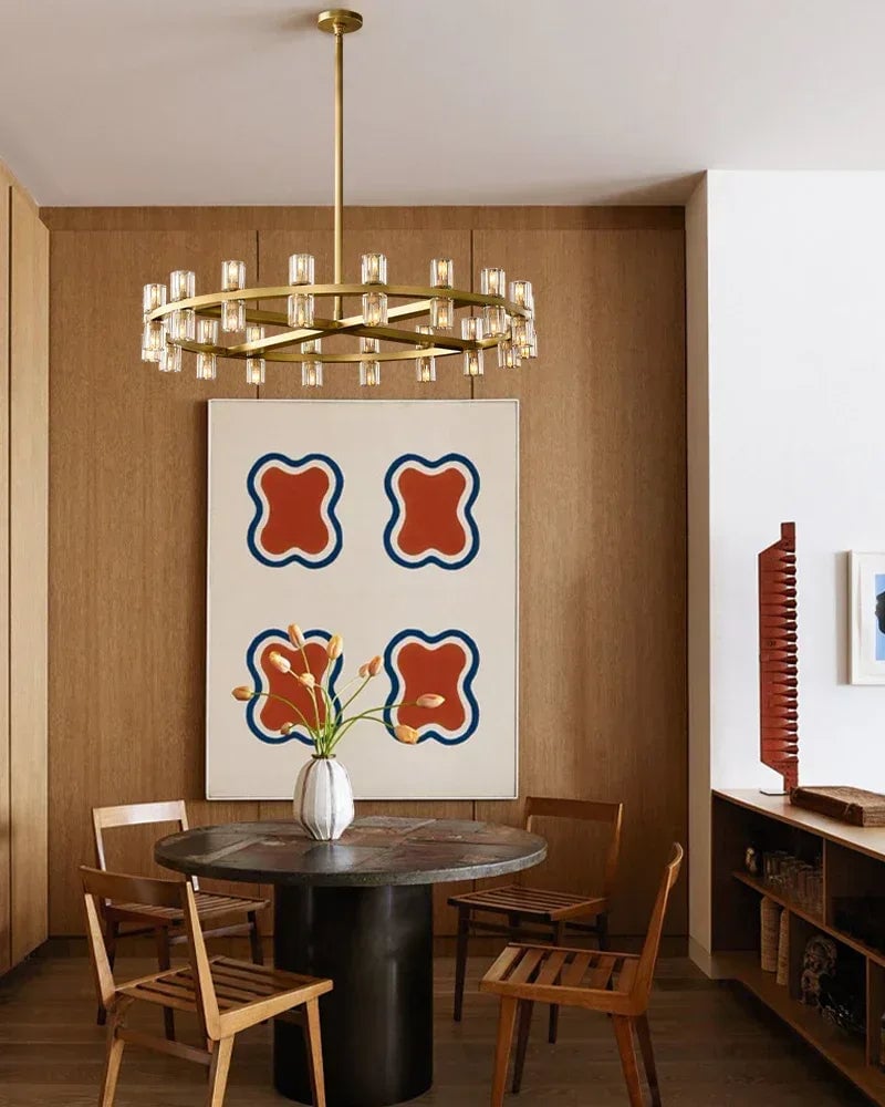 Biarritz Series Geometric Chandelier | Rectangular Wagon Wheel Superior K9 crystal shades and robust solid copper frame, Lacquered Brass and Black finish for Living rooms, dining areas, hotels, and banquet halls American chandelier