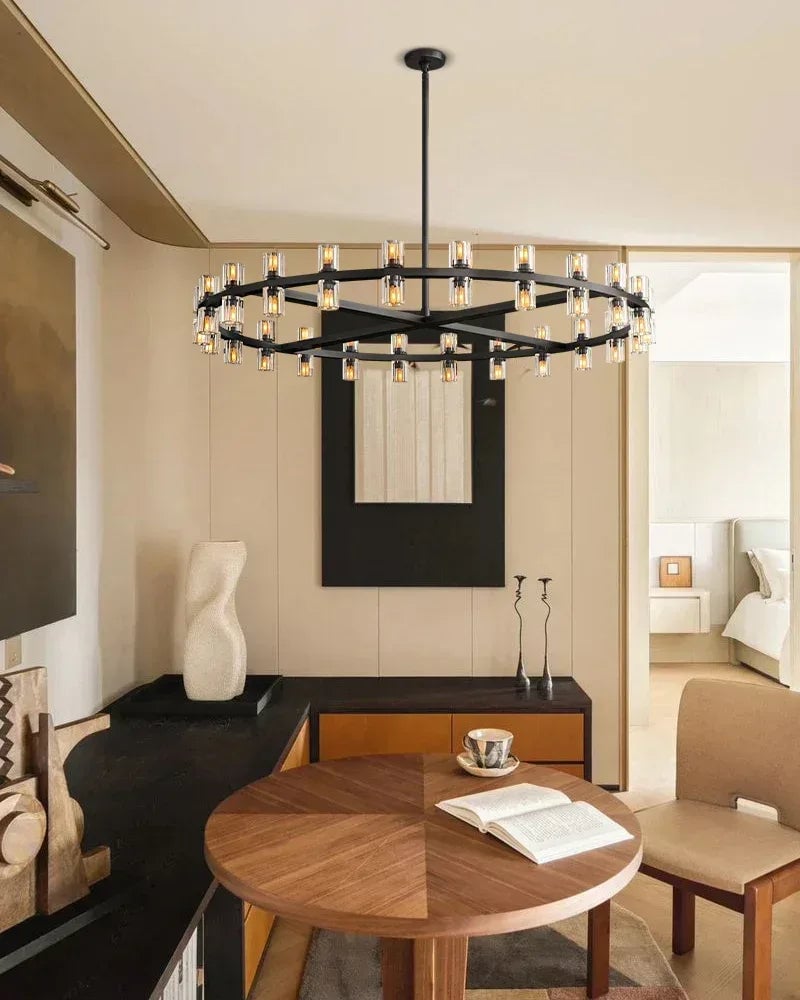 Biarritz Series Geometric Chandelier | Rectangular Wagon Wheel Superior K9 crystal shades and robust solid copper frame, Lacquered Brass and Black finish for Living rooms, dining areas, hotels, and banquet halls American chandelier