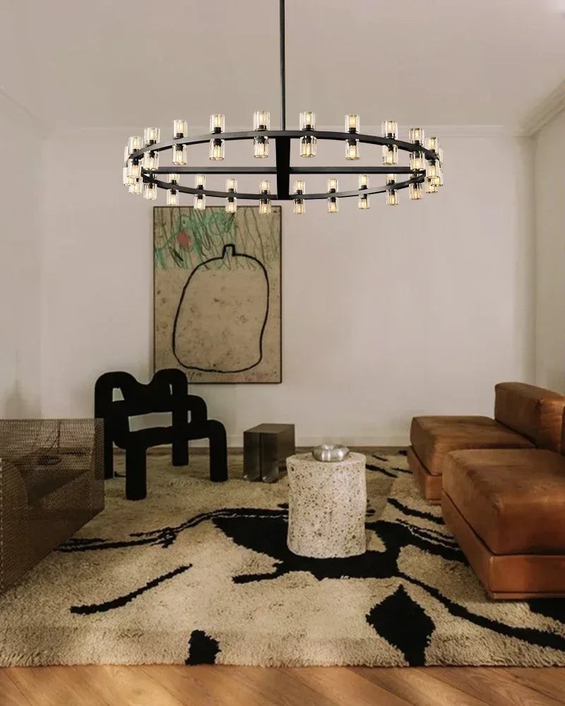 Biarritz Series Geometric Chandelier | Rectangular Wagon Wheel Superior K9 crystal shades and robust solid copper frame, Lacquered Brass and Black finish for Living rooms, dining areas, hotels, and banquet halls American chandelier