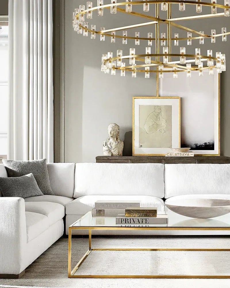 Biarritz Series Geometric Chandelier | Rectangular Wagon Wheel Superior K9 crystal shades and robust solid copper frame, Lacquered Brass and Black finish for Living rooms, dining areas, hotels, and banquet halls American chandelier