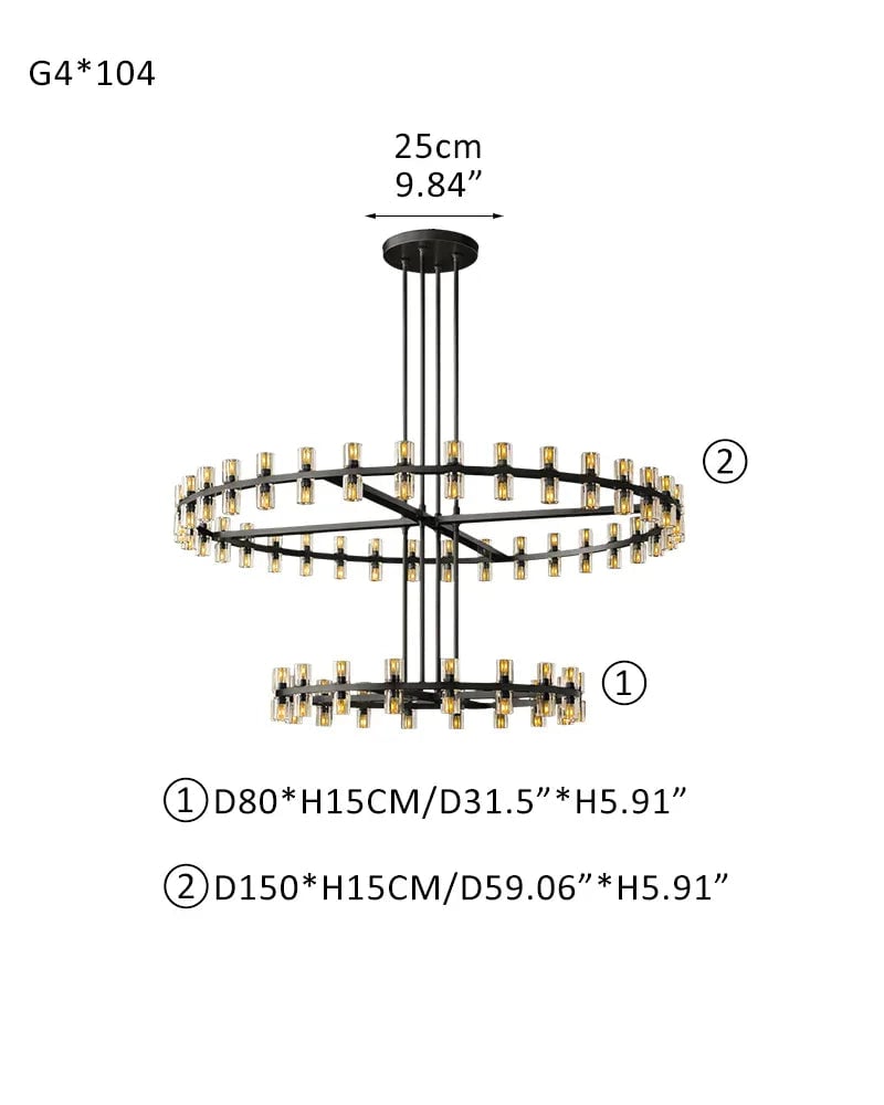 Biarritz Series Grand Chandelier | Double Tier K9 Crystal Superior K9 crystal shades with a robust solid copper frame, Lacquered Brass and Black finish for Grand Foyers, Dining Rooms, and Banquet Halls 104-light-D80+D150 D31.5"+D59.06" Black American chandelier