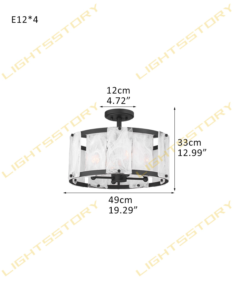 Solstice Ghiaccio Glass Drum Ceiling Light - Semi Flush Mount, Lux Gold Trim - Hallways, Foyers, Dining Rooms & Living Rooms