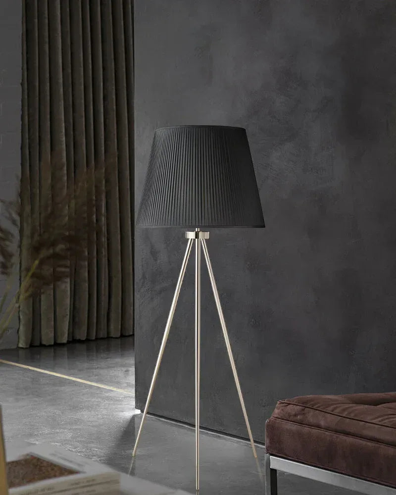 LightsStory Series Geometric Floor Lamp | Tripod Base Textured linen shade with durable metal frame, Brass, Black, and Silver finishes for Living rooms, bedrooms, and office corners American standing floor lamp