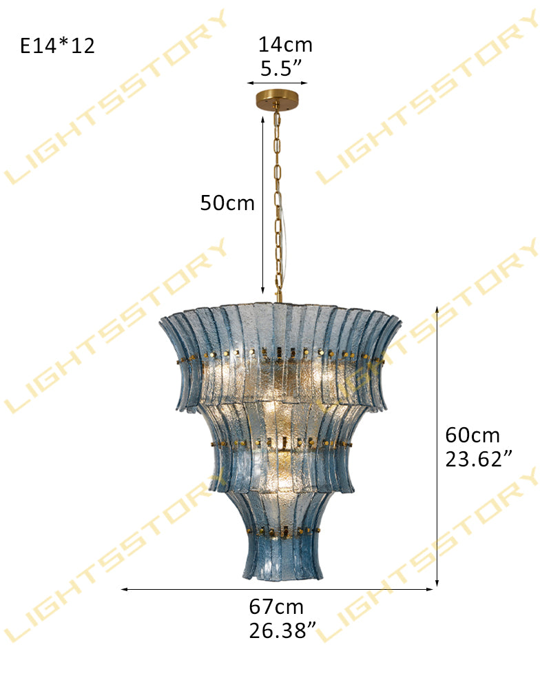 Ghiaccio Glass Atlantic Blue Prism Multi Tiered Waterfall Chandelier - Heritage Brass Trim - Living Room & Dining Room