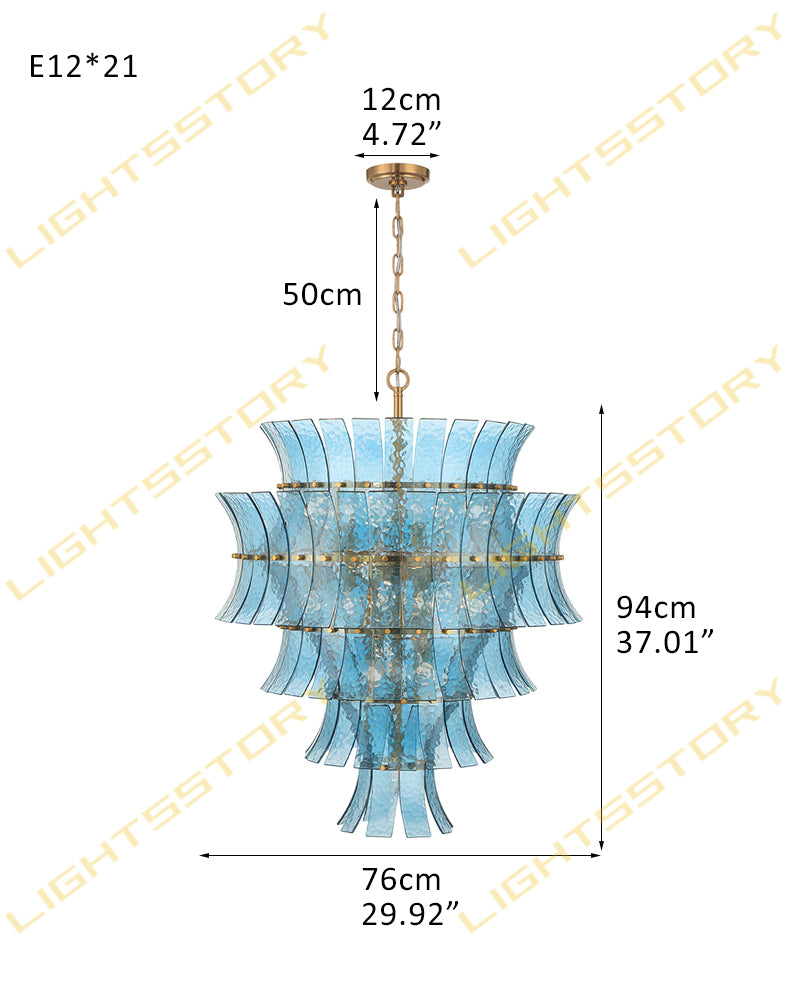 Ghiaccio Glass Azure Blue Cascade Multi Tiered Waterfall Chandelier - Heritage Brass Trim - Living Room & Dining Room