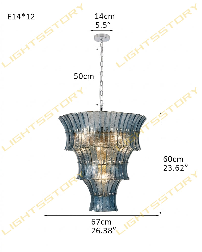 Ghiaccio Glass Atlantic Blue Prism Multi Tiered Waterfall Chandelier - Heritage Brass Trim - Living Room & Dining Room