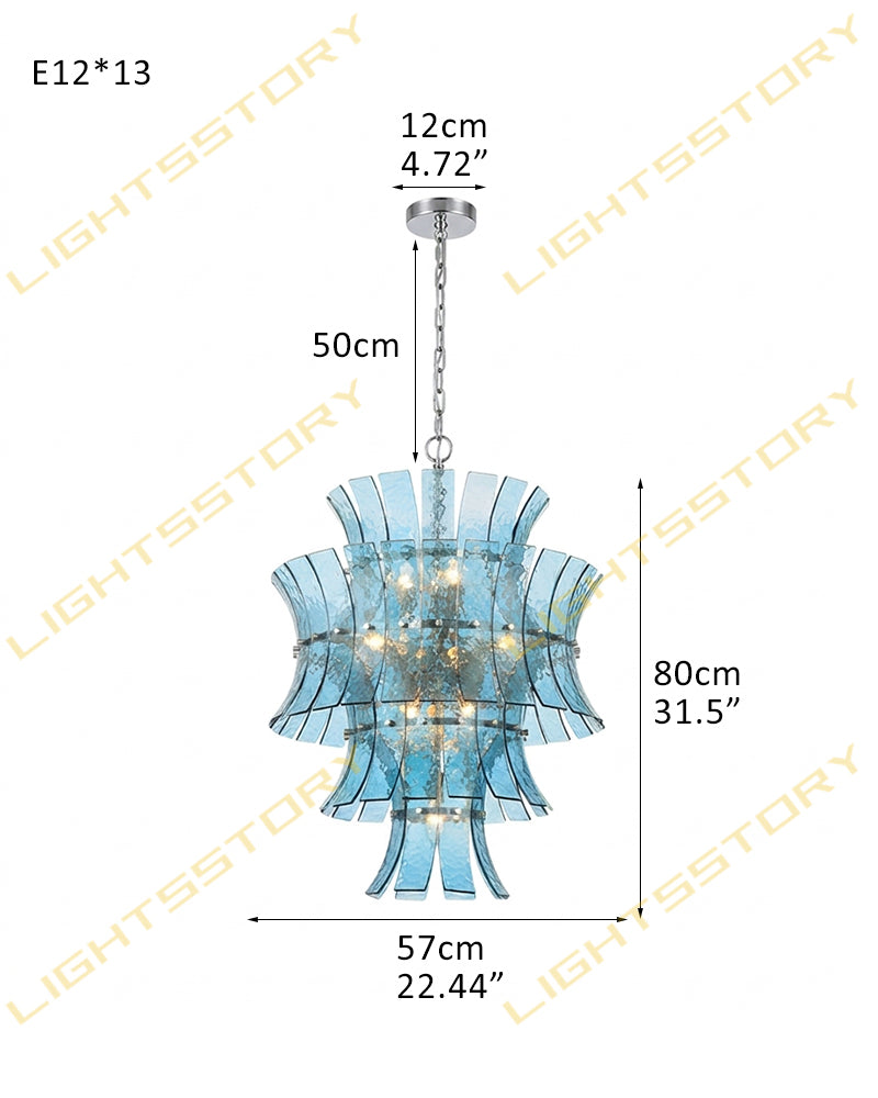 Ghiaccio Glass Azure Blue Cascade Multi Tiered Waterfall Chandelier - Heritage Brass Trim - Living Room & Dining Room