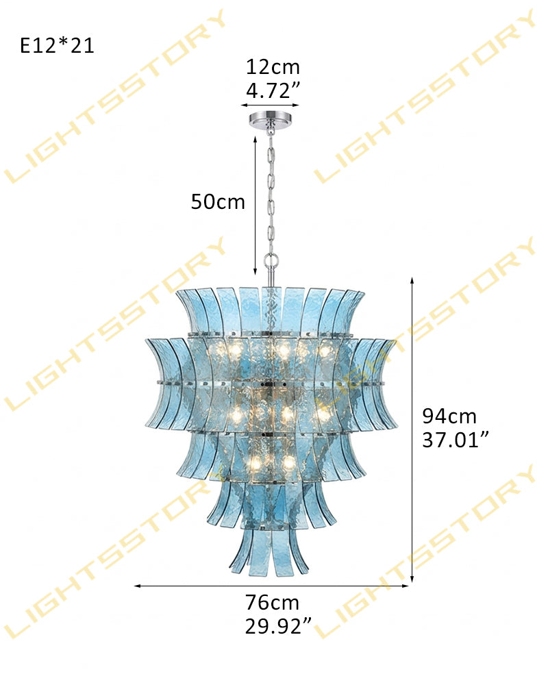 Ghiaccio Glass Azure Blue Cascade Multi Tiered Waterfall Chandelier - Heritage Brass Trim - Living Room & Dining Room