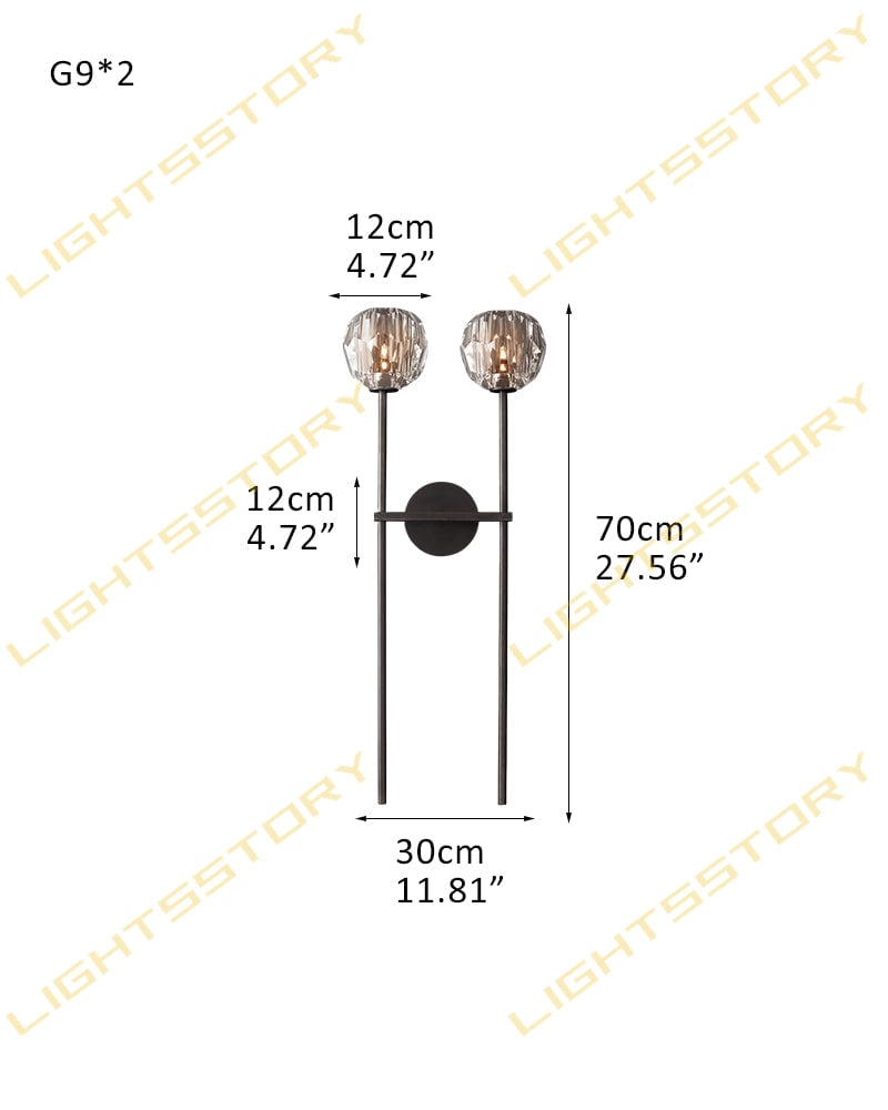 Boulede Series Prismatic Wall Sconce | Faceted Orb Hand-ground and polished faceted crystal, Luxury Black and Brass finish for Bathrooms and Vanity areas 2 light-D30*H70CM D12"*H28" Black + Clear Crystal Flush Mounted Wall Sconce Lamp