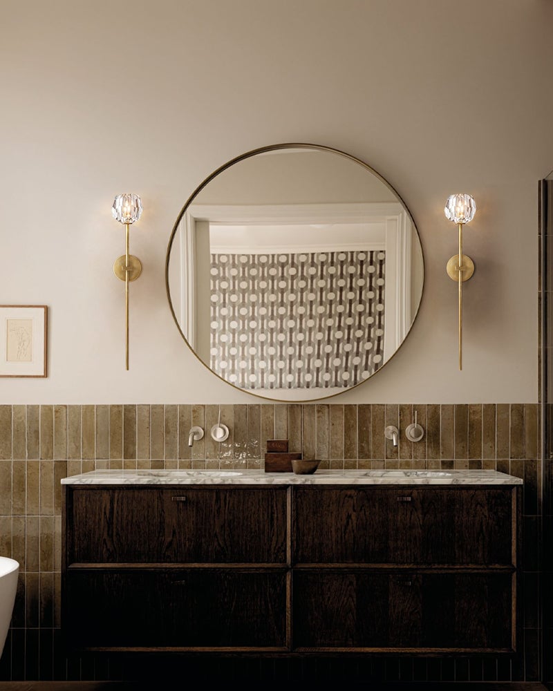 Boulede Series Prismatic Wall Sconce | Faceted Orb Hand-ground and polished faceted crystal, Luxury Black and Brass finish for Bathrooms and Vanity areas Flush Mounted Wall Sconce Lamp
