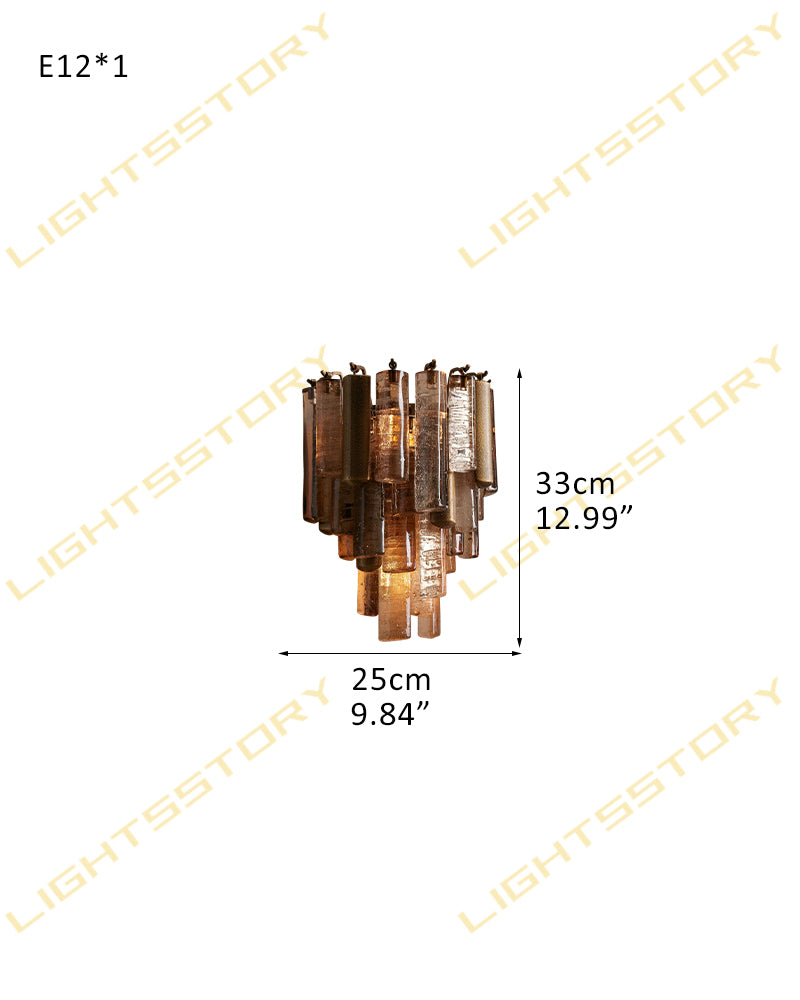 A hanging pendant light fixture with multiple amber and clear glass shades, shown with dimension markings of 33cm in height and 25cm in width on a white background with LIGHTSSTORY watermarks.