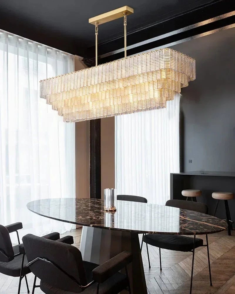 Cassis Series Geometric Chandelier | Multi-Tier Ridged Glass Sculpted Ridged Glass Ribbons, Polished Metal Frame for Grand Foyers and Dining Rooms American chandelier