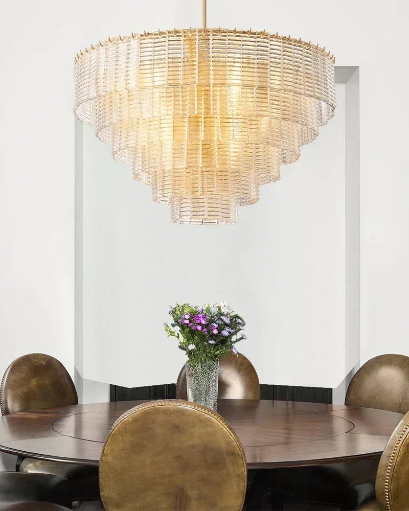 Cassis Series Geometric Chandelier | Multi-Tier Ridged Glass Sculpted Ridged Glass Ribbons, Polished Metal Frame for Grand Foyers and Dining Rooms American chandelier
