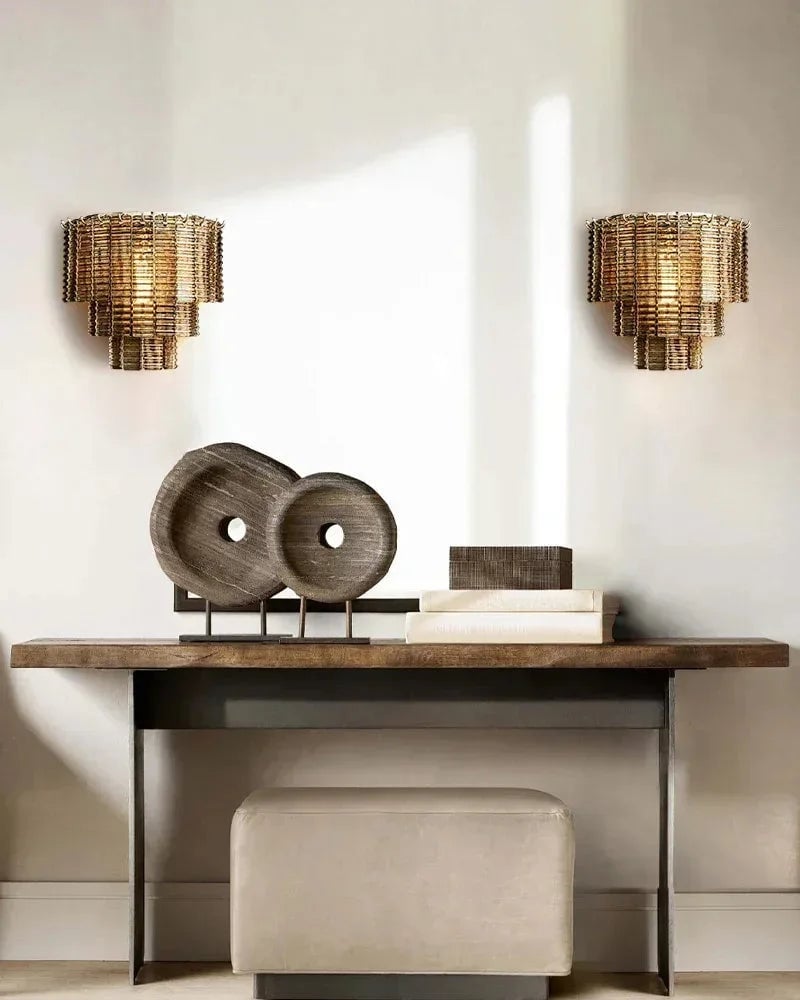 Cassis Series Geometric Wall Sconce | Triple Tier Hand-cast Venetian textured glass, Modernist geometric finish for Dining rooms, entryways, and open-concept areas Flush Mounted Wall Sconce Lamp