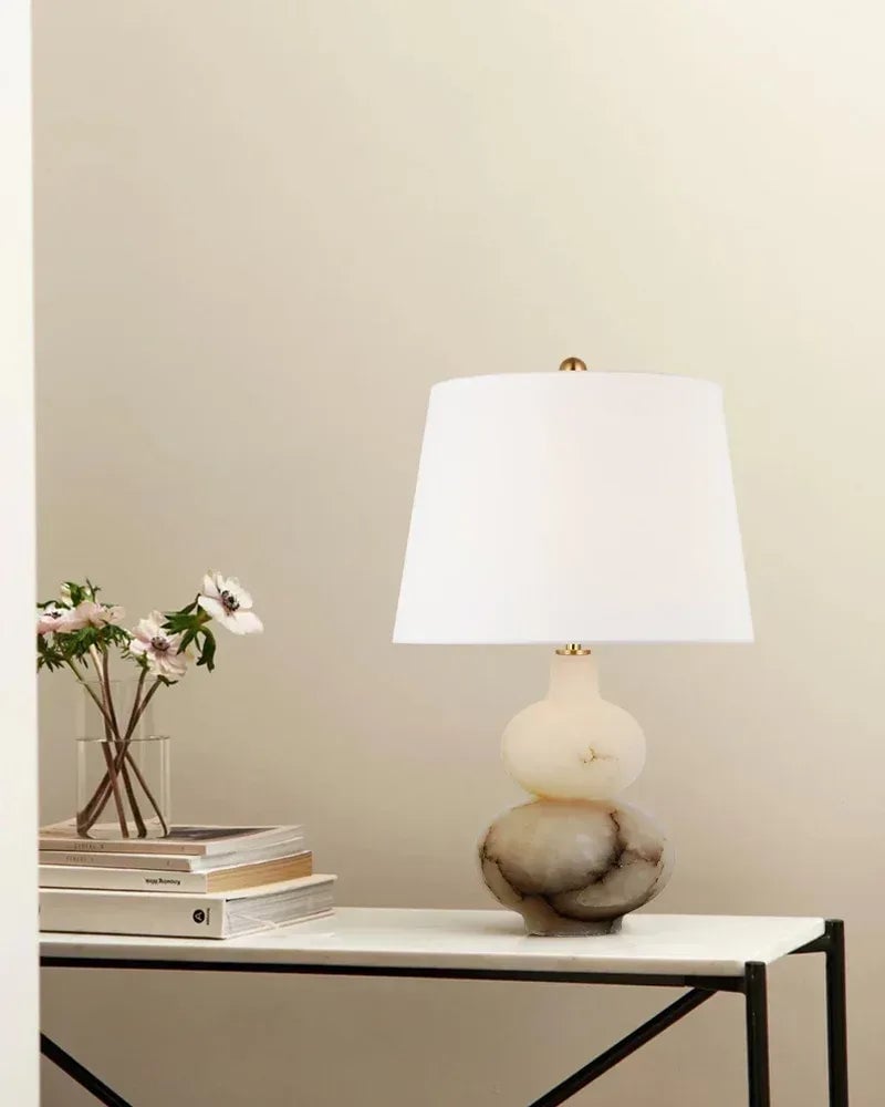 Ciccio Series Geometric Table Lamp | Drum Silhouette Natural Alabaster and Brass, Polished Brass finish for Living rooms, bedrooms, and home offices Vintage table lamp