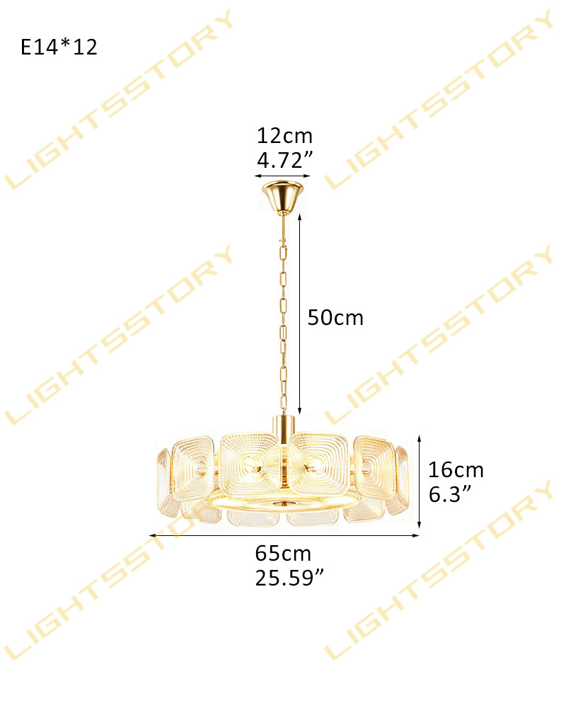 Emerald Clear Ghiaccio Glass Halo Ring Chandelier - Emerald Glass, Lux Brass Trim - Living Rooms, Bedrooms, Dining Rooms