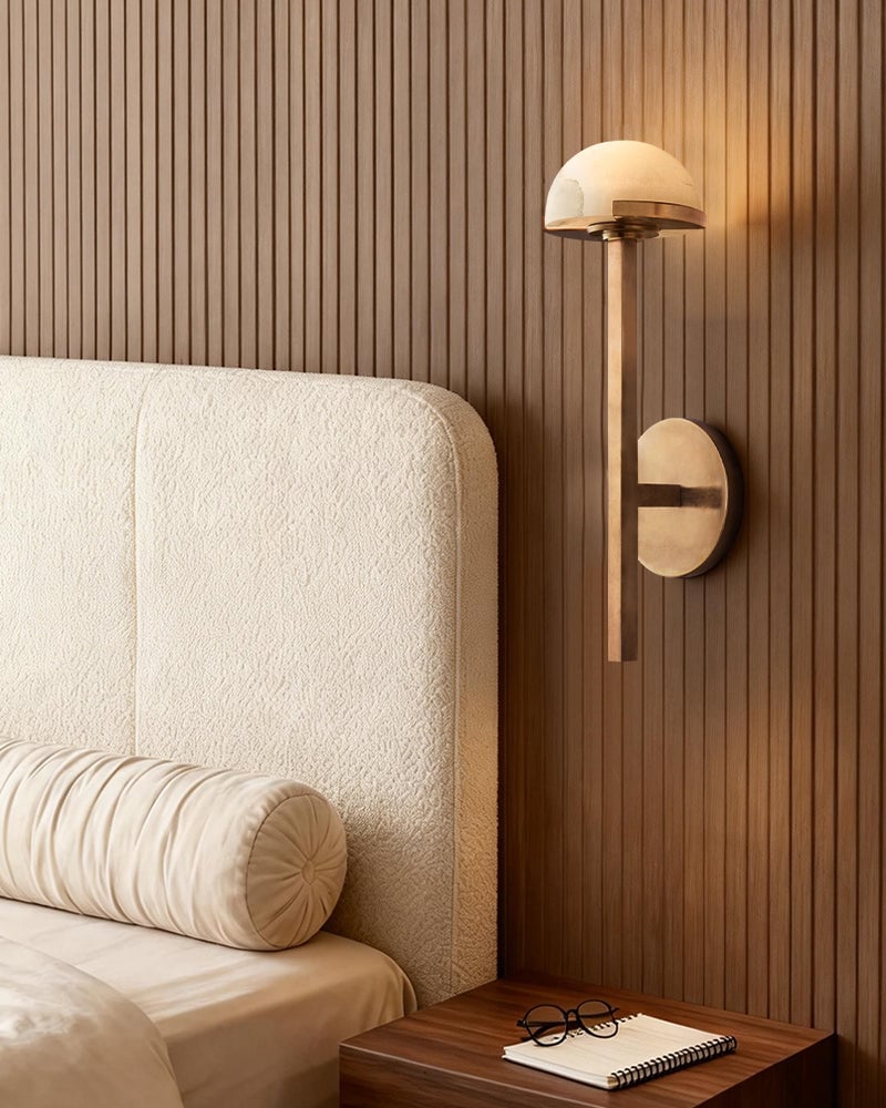 Comporta Series Geometric Wall Sconce | Sculptural Two-Tier Hand-Carved Natural Alabaster, Brass and Black finish for Living Rooms, Hallways, and Bedside Suites Flush Mounted Wall Sconce Lamp