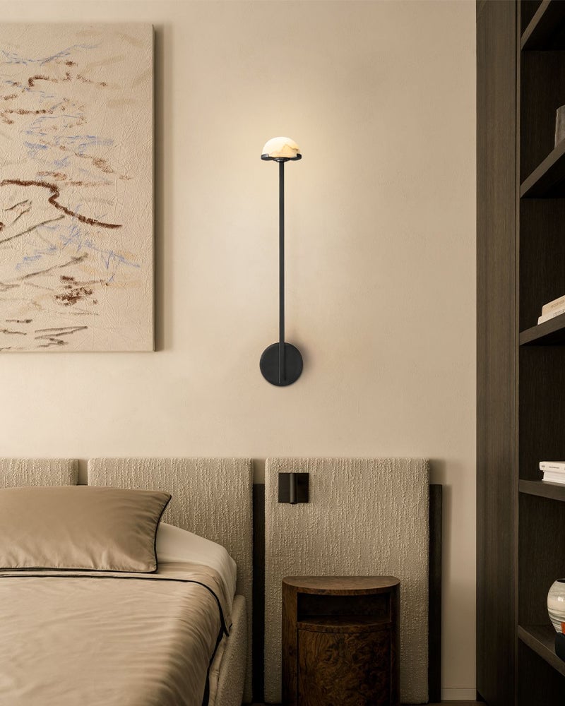 Comporta Series Geometric Wall Sconce | Sculptural Two-Tier Hand-Carved Natural Alabaster, Brass and Black finish for Living Rooms, Hallways, and Bedside Suites Flush Mounted Wall Sconce Lamp