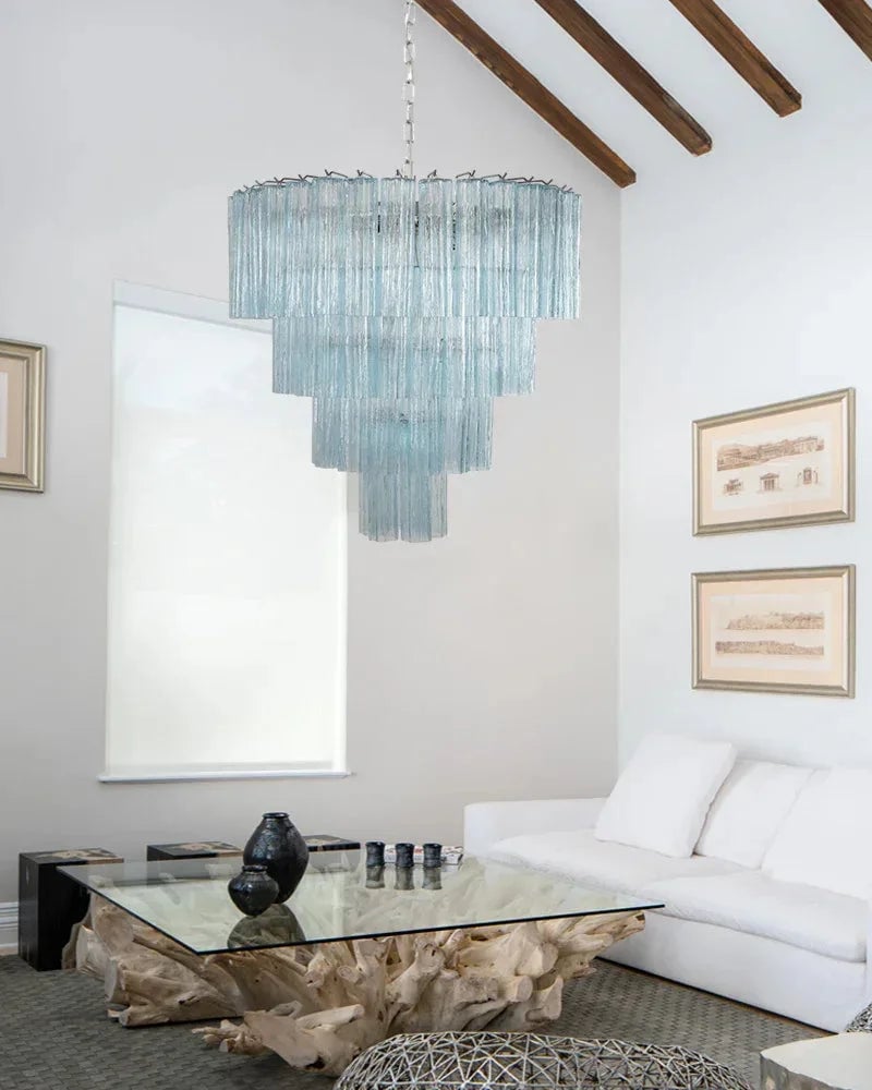 Cortina Series Cascading Chandelier | Multi-Tier Fluted Glass Handcrafted Fluted Murano-Inspired Blue Glass, Satin Brass for Grand Entrances and Dining Rooms American chandelier