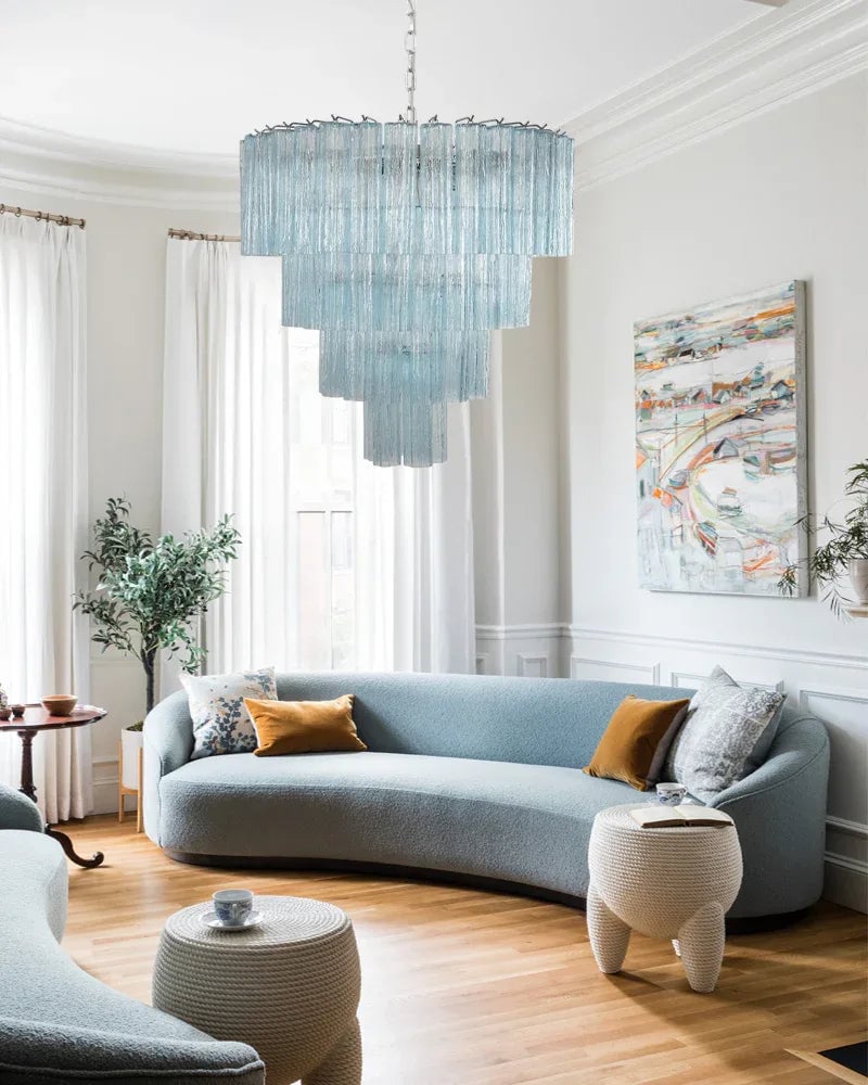 Cortina Series Cascading Chandelier | Multi-Tier Fluted Glass Handcrafted Fluted Murano-Inspired Blue Glass, Satin Brass for Grand Entrances and Dining Rooms American chandelier