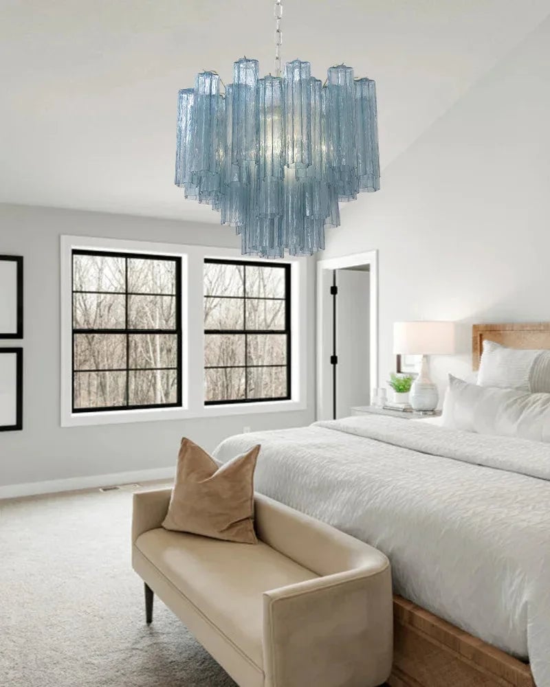 Cortina Series Cascading Chandelier | Multi-Tier Fluted Glass Handcrafted Fluted Murano-Inspired Blue Glass, Satin Brass for Grand Entrances and Dining Rooms American chandelier